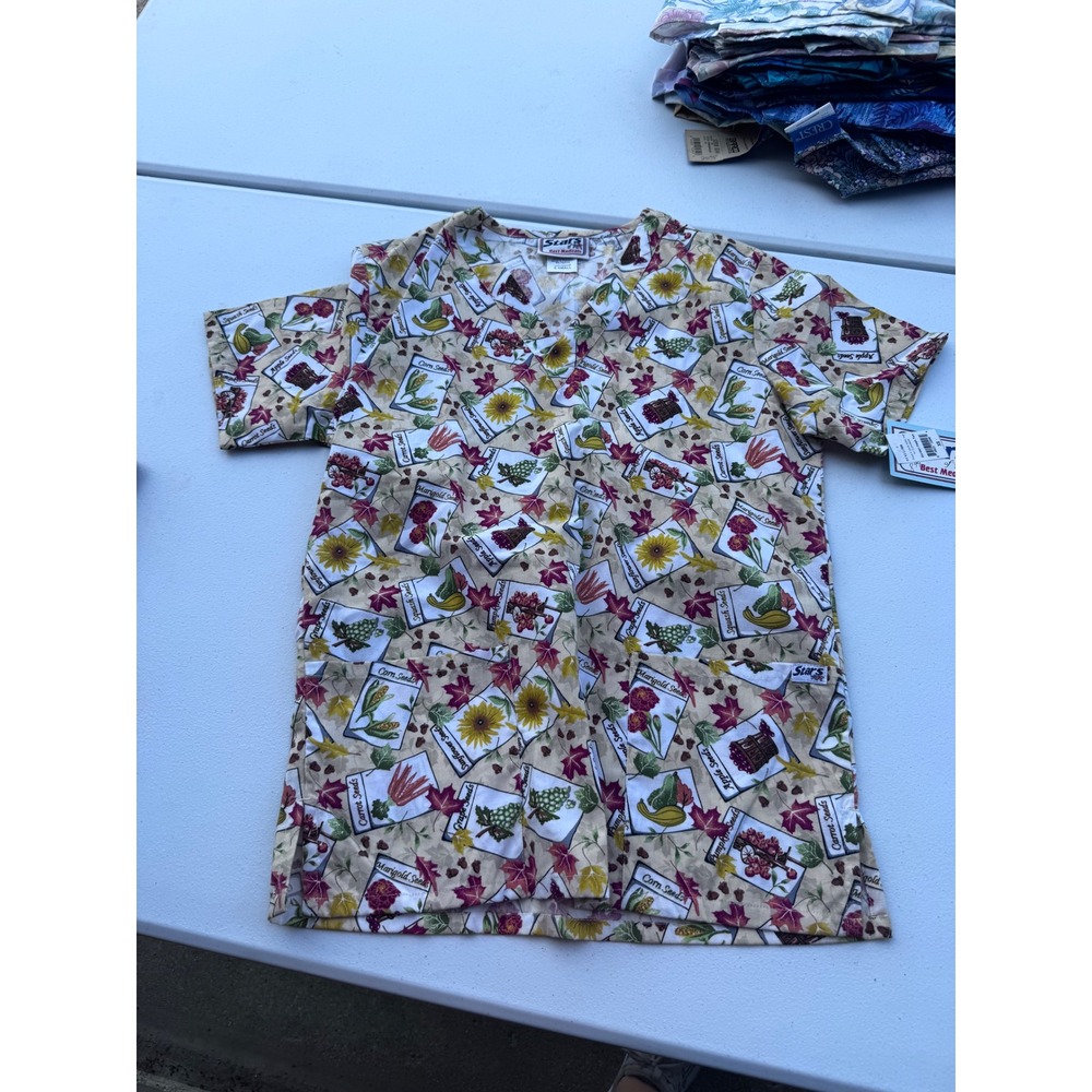 Stars of Best Medical Garden Fresh Tan Seed Packet Scrub Top XS NWT 506
